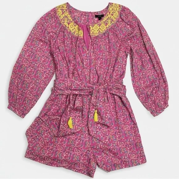 J.Crew Embroidered Romper Women’s Sz 8 Pink Vines Block Print Raglan Puff Sleeve - Picture 2 of 16